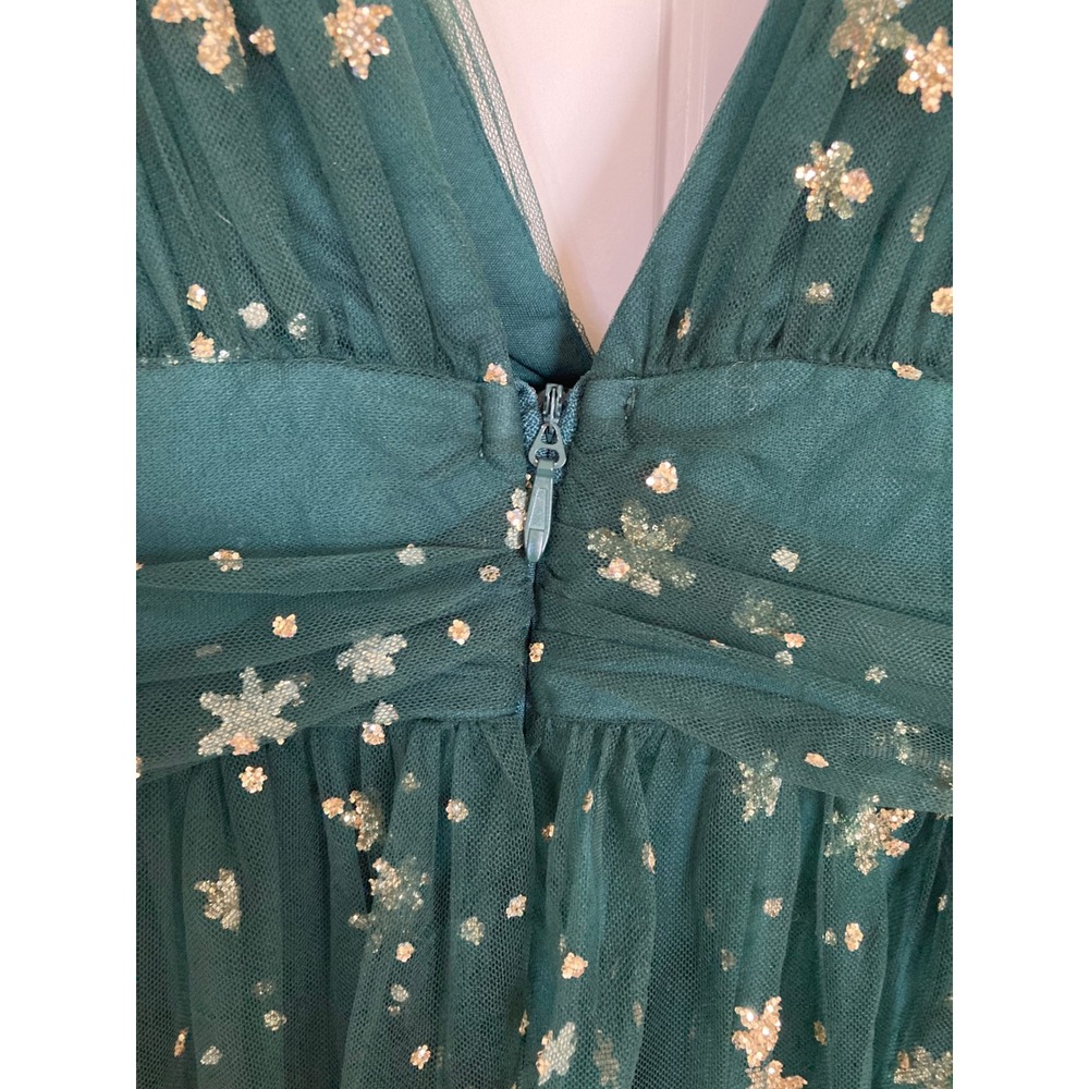 Soieblu Forest Green Tulle Gold Glitter Star Snowflake V-Neck Midi Dress M - Picture 9 of 9